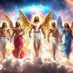 Ilustración de los 7 arcángeles principales de pie sobre las nubes, con alas doradas y vestimentas coloridas, simbolizando protección, guía y poder espiritual.
