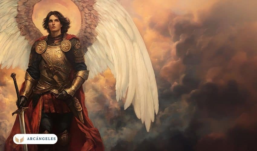 Ilustración de San Miguel Arcángel con armadura dorada, espada en mano y alas blancas, simbolizando su papel como defensor celestial y líder de los ejércitos celestiales.