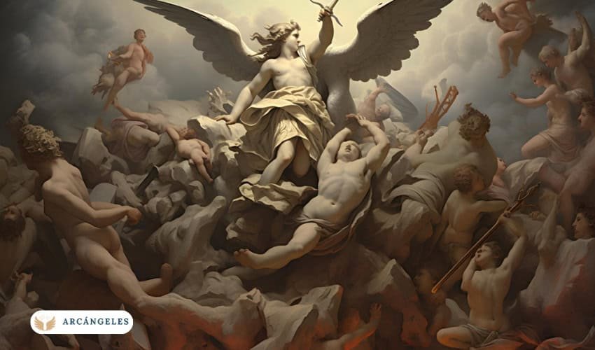 Representación artística de un arcángel rodeado de ángeles en una escena celestial, simbolizando la jerarquía angelical y el poder divino.