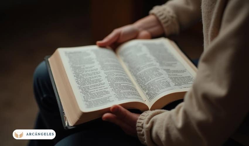 Persona leyendo la Biblia abierta en sus manos, estudiando sobre los arcángeles y su papel según las Escrituras.