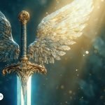 Espada del Arcángel Gabriel con alas doradas y luz celestial, simbolizando protección y poder divino.