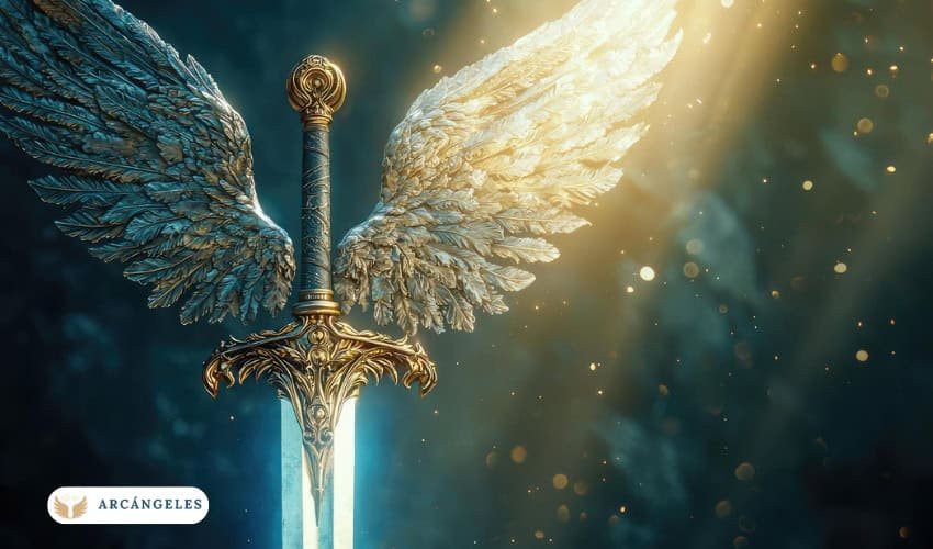 Espada del Arcángel Gabriel con alas doradas y luz celestial, simbolizando protección y poder divino.