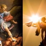 Representación del Arcángel Miguel con su espada flameante derrotando al mal, simbolizando su poder de protección y justicia divina.