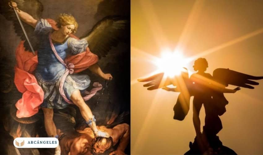Representación del Arcángel Miguel con su espada flameante derrotando al mal, simbolizando su poder de protección y justicia divina.