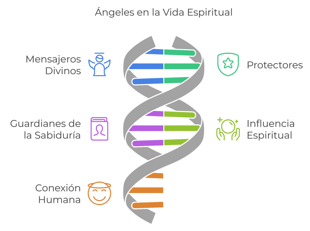 Roles de los ángeles en la vida espiritual. Incluye conceptos como mensajeros divinos, protectores, guardianes de la sabiduría, conexión humana e influencia espiritual.