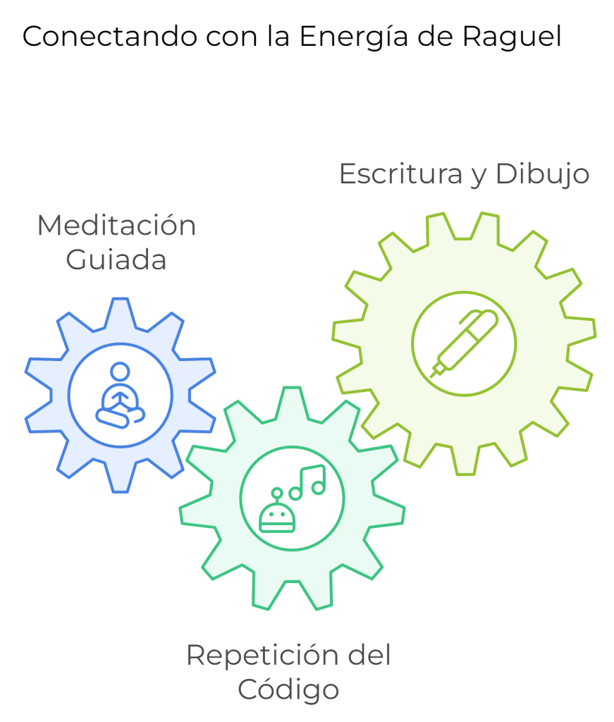 Ilustración de tres técnicas de activación del Código Sagrado: meditación guiada, repetición del código y escritura o dibujo, representadas por engranajes entrelazados con iconos de meditación, sonido y escritura.