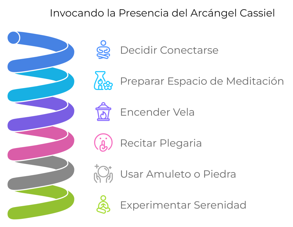 Infografía con los pasos para conectarse con el Arcángel Cassiel: decidir conectarse, preparar espacio de meditación, encender vela, recitar plegaria, usar amuleto o piedra.