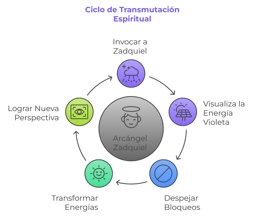Ciclo de transmutación espiritual con el Arcángel Zadquiel, incluyendo pasos para invocar su energía, visualizar la energía violeta, despejar bloqueos, transformar energías y lograr una nueva perspectiva