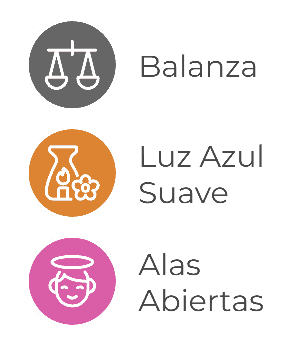 Símbolos del Arcángel Raguel: balanza de justicia, luz azul suave y alas abiertas que representan la armonía, la paz y su papel como protector.