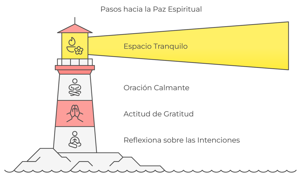 Ilustración de un faro representando los pasos hacia la paz espiritual: espacio tranquilo, oración calmante, actitud de gratitud y reflexión sobre las intenciones