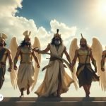 Representación artística de los 7 arcángeles vestidos con armaduras doradas, portando armas y alas, simbolizando protección y poder celestial.