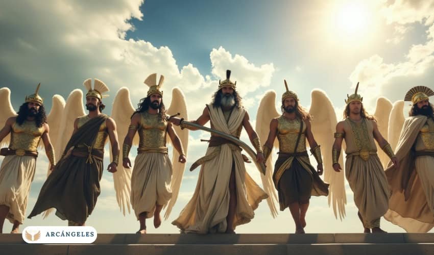 Representación artística de los 7 arcángeles vestidos con armaduras doradas, portando armas y alas, simbolizando protección y poder celestial.