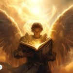 El Arcángel Jofiel, representado como un ser celestial de gran sabiduría, sostiene un libro radiante que simboliza la iluminación divina.