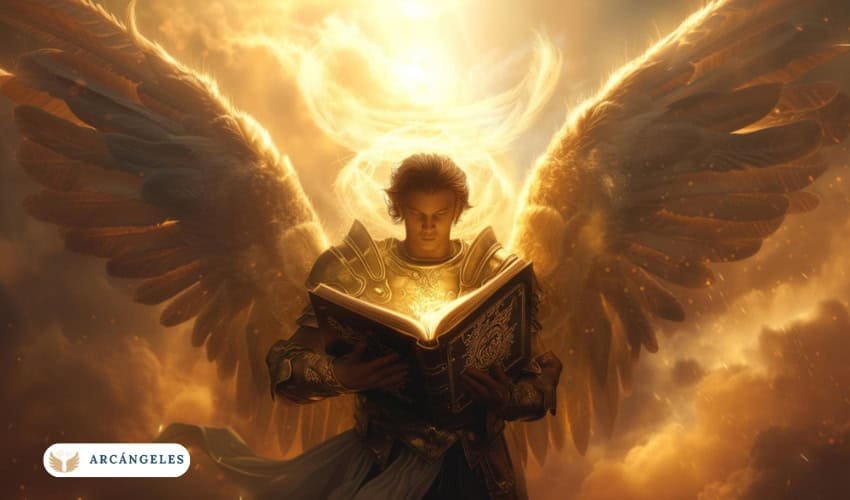 El Arcángel Jofiel, representado como un ser celestial de gran sabiduría, sostiene un libro radiante que simboliza la iluminación divina.