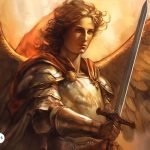 El Arcángel San Miguel, representado como un guerrero celestial con una espada, listo para la batalla.