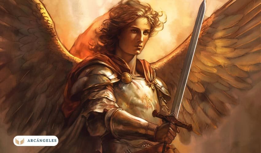 El Arcángel San Miguel, representado como un guerrero celestial con una espada, listo para la batalla.