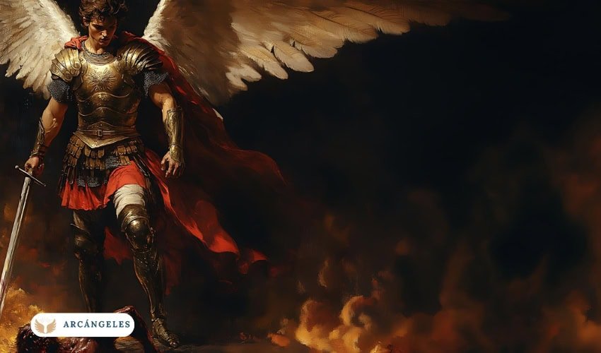 El Arcángel San Miguel, representado como un guerrero celestial victorioso, con su pie sobre un demonio derrotado.