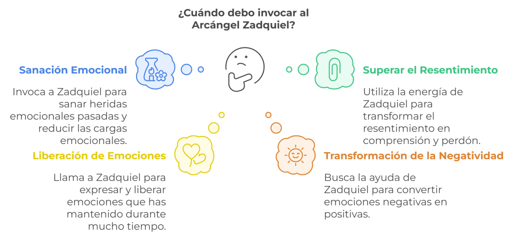 Infografía sobre cuándo invocar al Arcángel Zadquiel: sanación emocional, liberación de emociones, superación del resentimiento y transformación de la negatividad