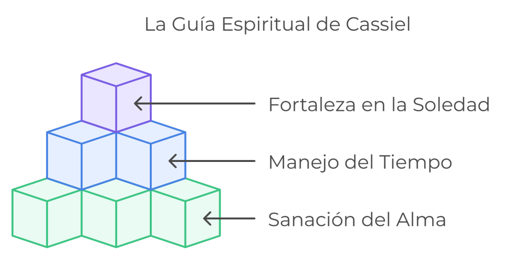  Diagrama que ilustra la guía espiritual del Arcángel Cassiel, destacando sus aspectos clave: fortaleza en la soledad, manejo del tiempo y sanación del alma.
