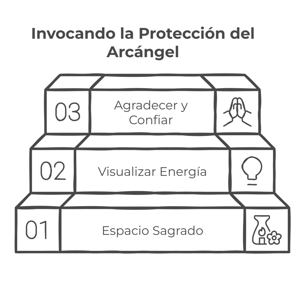 Ilustración de tres pasos para invocar la protección del arcángel: crear un espacio sagrado, visualizar energía y agradecer con confianza.