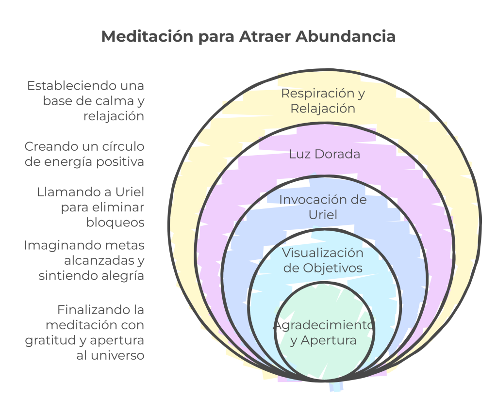 Diagrama con los pasos de una meditación para atraer abundancia, incluyendo relajación, luz dorada, invocación del arcángel Uriel, visualización de objetivos y agradecimiento.