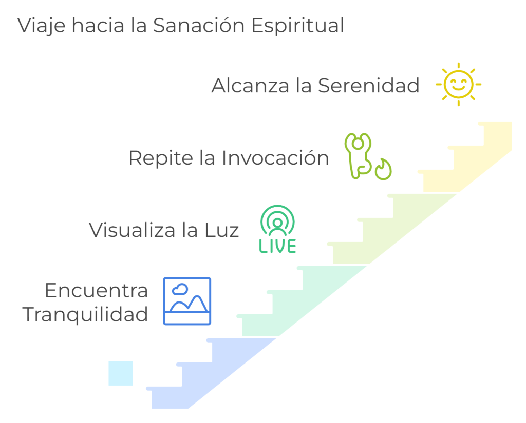 Diagrama en forma de escalera que representa los pasos hacia la sanación espiritual: encontrar tranquilidad, visualizar la luz, repetir la invocación y alcanzar la serenidad