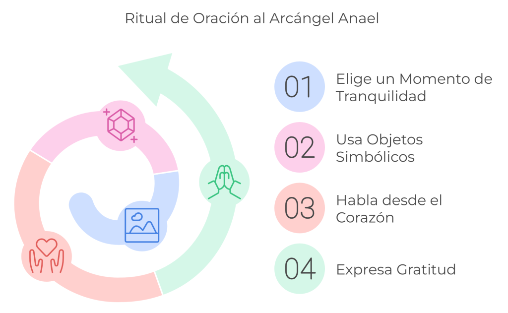 Infografía del ritual de oración al arcángel Anael con cuatro pasos: elegir un momento de tranquilidad, usar objetos simbólicos, hablar desde el corazón y expresar gratitud.