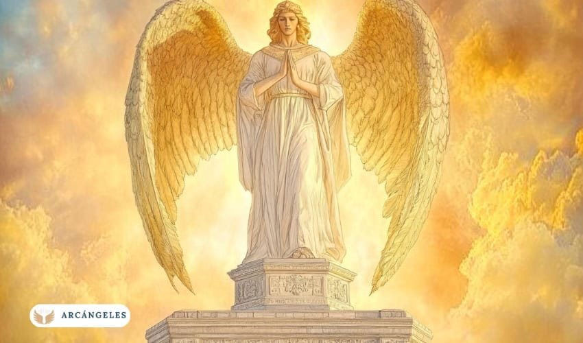 Imagen del Arcángel Jofiel con alas doradas y manos en posición de oración, simbolizando sabiduría y protección espiritual.