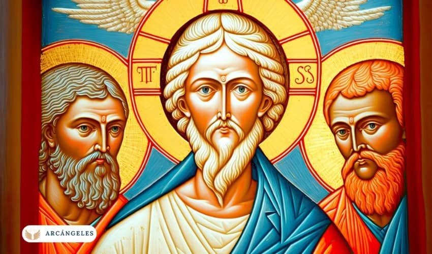 Icono religioso representando a los tres arcángeles: Miguel, Gabriel y Rafael, simbolizando protección, guía divina y sanación espiritual.