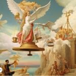 Ángeles y arcángeles en el cielo representando la justicia divina. Se observa a un ángel central con una balanza, rodeado de otros seres celestiales en un paisaje celestial simbólico.
