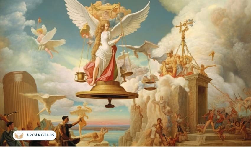 Ángeles y arcángeles en el cielo representando la justicia divina. Se observa a un ángel central con una balanza, rodeado de otros seres celestiales en un paisaje celestial simbólico.
