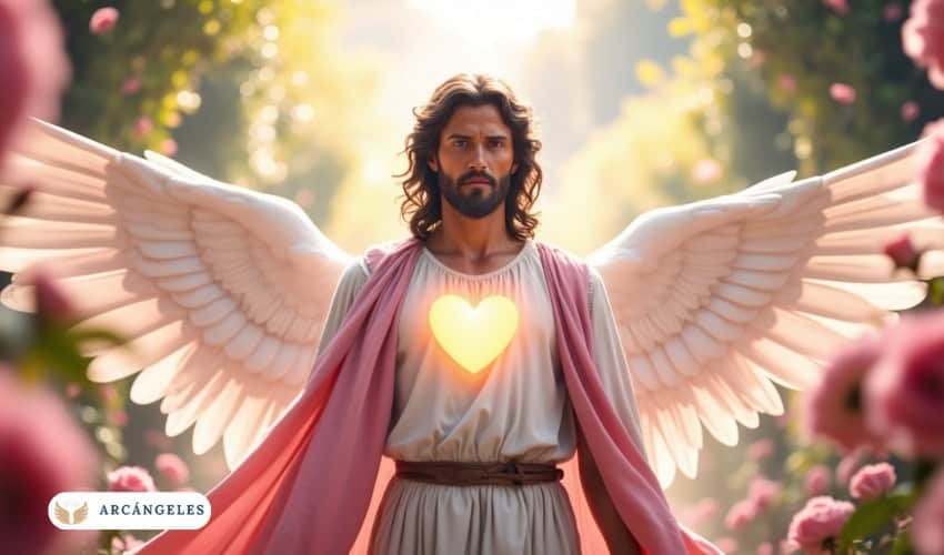 Representación del arcángel Chamuel con un aura luminosa en forma de corazón, rodeado de flores rosadas, simbolizando amor incondicional, paz interior y compasión divina.