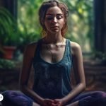 Mujer meditando en un espacio natural y tranquilo, simbolizando la conexión espiritual y la búsqueda de sanación a través de la meditación con el Arcángel San Rafael.