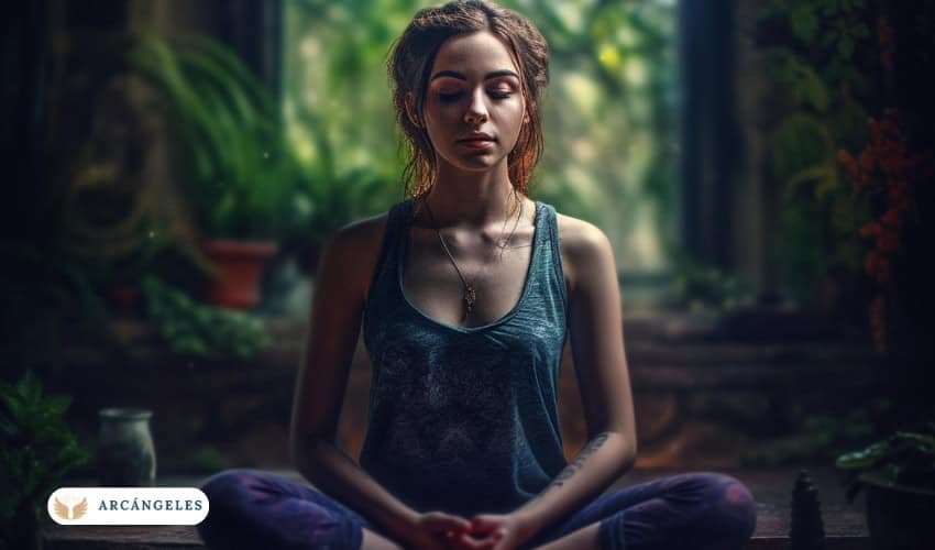 Mujer meditando en un espacio natural y tranquilo, simbolizando la conexión espiritual y la búsqueda de sanación a través de la meditación con el Arcángel San Rafael.