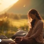 Persona meditando al aire libre al atardecer, conectando con la naturaleza y buscando paz espiritual en un entorno tranquilo, ideal para la meditación con Dios y los arcángeles.