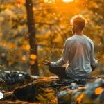 Persona meditando en un bosque iluminado por una luz dorada, representando la conexión espiritual con el arcángel Uriel y la energía de abundancia y claridad.