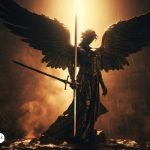 Representación artística del Arcángel Miguel sosteniendo una espada, con alas extendidas y un fondo iluminado que simboliza la batalla celestial.