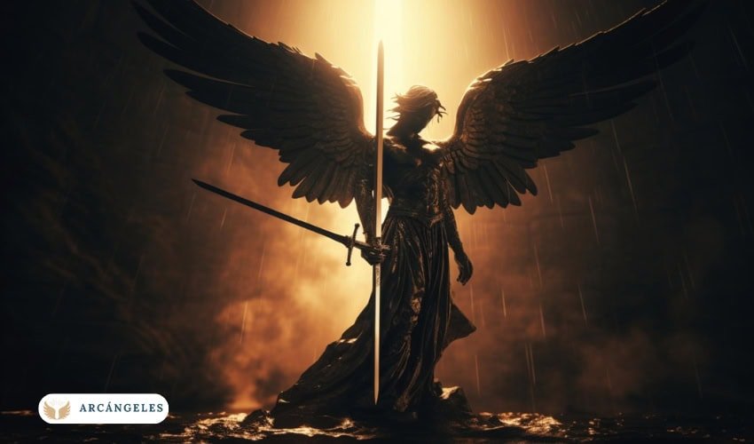 Representación artística del Arcángel Miguel sosteniendo una espada, con alas extendidas y un fondo iluminado que simboliza la batalla celestial.
