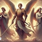 Ilustración de los arcángeles Miguel, Gabriel y Rafael en el cielo, rodeados de luz. Miguel aparece al centro con armadura y espada, Gabriel sostiene una trompeta, y Rafael muestra un gesto de calma y sanación, todos irradiando energía celestial.