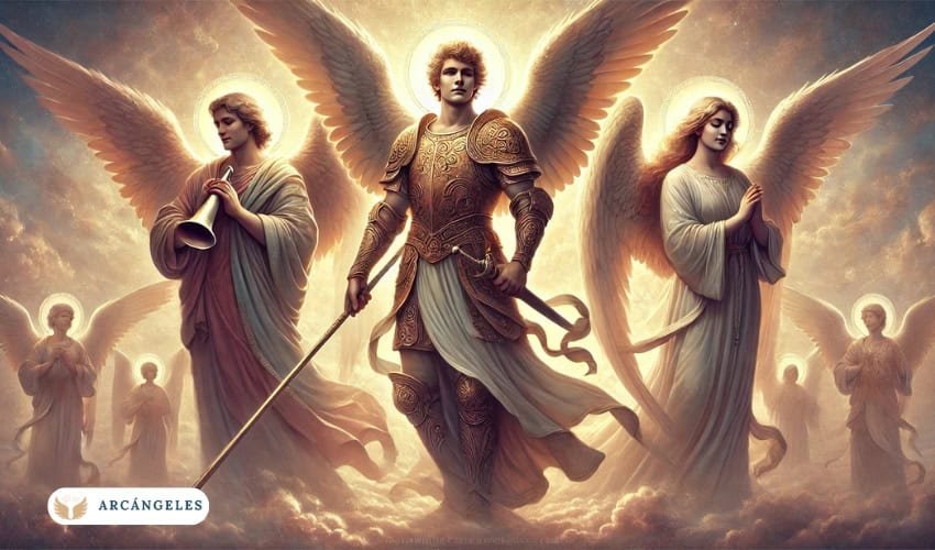 Ilustración de los arcángeles Miguel, Gabriel y Rafael en el cielo, rodeados de luz. Miguel aparece al centro con armadura y espada, Gabriel sostiene una trompeta, y Rafael muestra un gesto de calma y sanación, todos irradiando energía celestial.