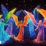 Imagen de los 7 arcángeles representados con colores vibrantes, rodeados de estrellas y simbolizando su luz y energía espiritual. Cada arcángel está asociado a un color diferente, transmitiendo protección, guía y amor divino.