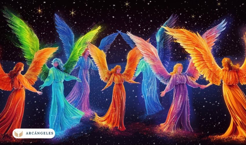 Imagen de los 7 arcángeles representados con colores vibrantes, rodeados de estrellas y simbolizando su luz y energía espiritual. Cada arcángel está asociado a un color diferente, transmitiendo protección, guía y amor divino.