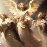 Ilustración de los tres arcángeles Miguel, Gabriel y Rafael, representados con alas extendidas y vestiduras luminosas, simbolizando su poder celestial y protección divina.