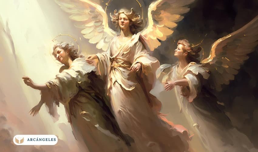 Ilustración de los tres arcángeles Miguel, Gabriel y Rafael, representados con alas extendidas y vestiduras luminosas, simbolizando su poder celestial y protección divina.
