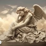 Escultura de un ángel celestial sentado, con expresión serena y alas extendidas, rodeado de un cielo lleno de nubes, representando paz y protección divina. Ideal para artículos sobre San Miguel Arcángel y espiritualidad