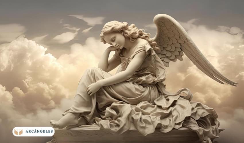 Escultura de un ángel celestial sentado, con expresión serena y alas extendidas, rodeado de un cielo lleno de nubes, representando paz y protección divina. Ideal para artículos sobre San Miguel Arcángel y espiritualidad