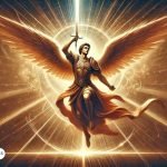 Ilustración de San Miguel Arcángel con armadura y espada, rodeado de luz celestial, representando protección y guía espiritual.
