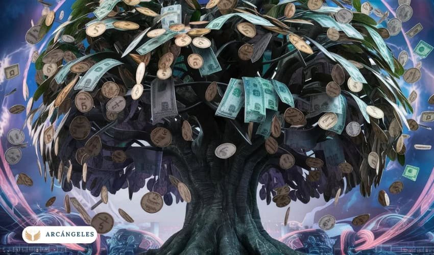 Árbol de la abundancia representado con billetes y monedas, simbolizando la prosperidad y la bendición económica, asociado a la protección de los Arcángeles.
