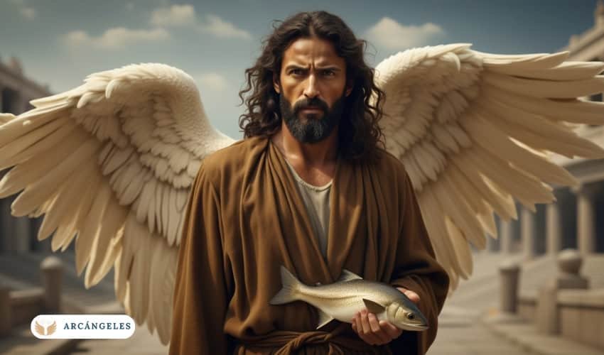 Representación de San Rafael Arcángel con alas extendidas, sosteniendo un pez como símbolo de sanación divina.