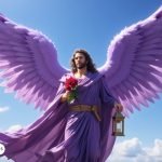 Representación del arcángel Anael con túnica morada, sosteniendo una rosa roja y una lámpara, simbolizando amor, luz y guía espiritual.